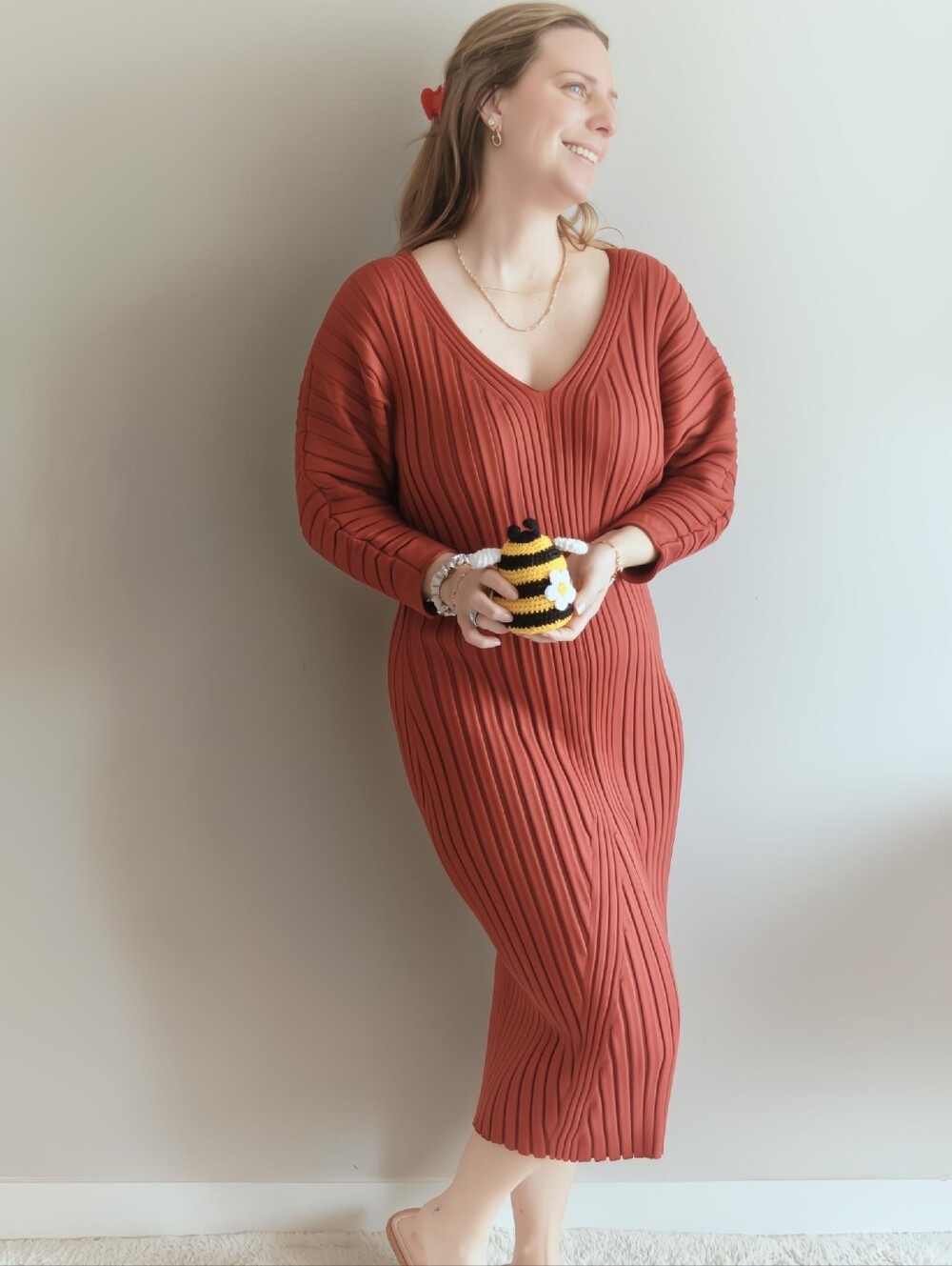 Maeve by Anthropologie Ribbed Knit Midi Dress | Rust Red | Size M | Fall Bodycon